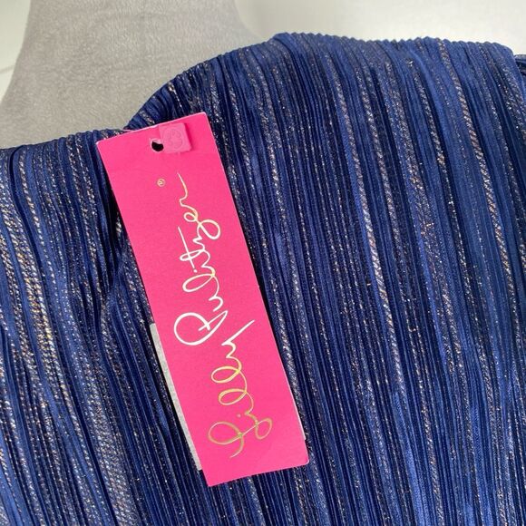 Lilly Pulitzer Jessamie Dress Low Tide Navy Foil Printed Crinkle Woven Size 10 - Picture 8 of 12